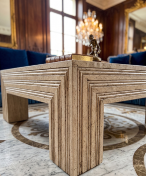 Fluted Travertine Coffee Table – Sculptural Geometric Design with Layered Stone Detailing