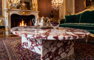 Rosso Levanto Round Marble Coffee Table – Bold Red Veining with Sculptural Base