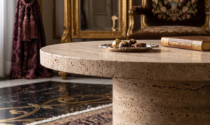 Round Travertine Coffee Table – Minimalist Pedestal Design with Natural Porous Texture