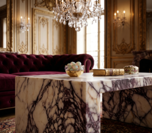 Calacatta Viola Marble Coffee Table – Architectural Block Design with Rich Burgundy Veining