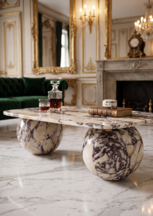 Calacatta Viola Marble Coffee Table – Sculptural Sphere Base with Elegant Veining
