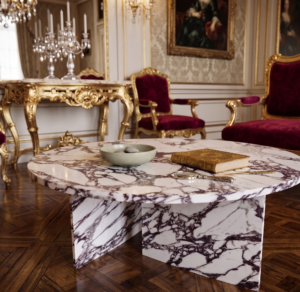 Calacatta Viola Round Marble Coffee Table – Sculptural Base with Bold Burgundy Veining
