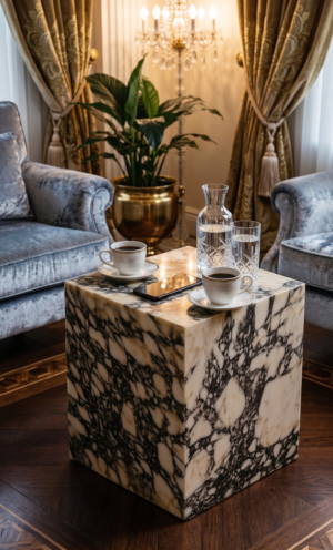 Calacatta Viola Marble Side Table – Monolithic Cube Design with Bold Veining