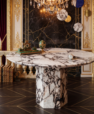 Calacatta Viola Round Marble Table – Sculptural Pedestal Dining Table with Bold Veining