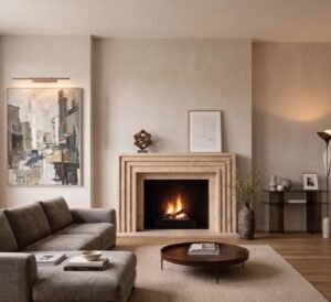 Minimalist Beige Marble Fireplace Surround – Modern Layered Travertine Design, Handcrafted Statement Mantel