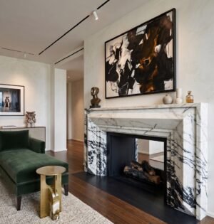 Calacatta Marble Fireplace Surround – Bold Black Veining, Modern Sculptural Mantel Design