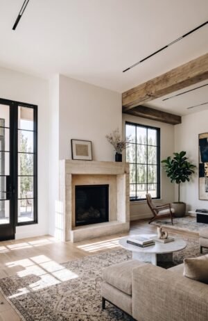 Beige Travertine Fireplace Surround – Rustic Minimalist Stone Mantel with Natural Texture