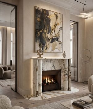 Calacatta Gold Marble Fireplace Surround – Curved Hearth, Elegant Veining, Luxury Modern Mantel