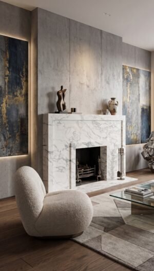 Calacatta Marble Fireplace Surround – Minimalist White Mantel with Soft Grey Veining