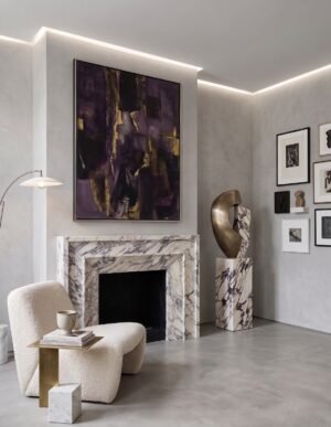 Calacatta Viola Marble Fireplace Surround – Angled Modern Mantel with Bold Purple Veining