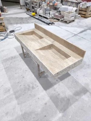 Travertine Double Basin Sink: 62" Rustic Beige Stone Vanity