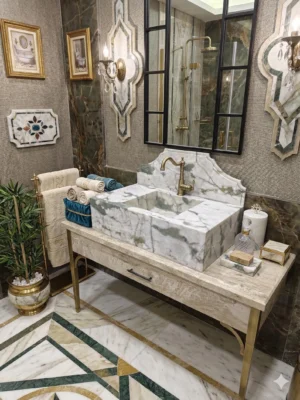 Calacatta Monet Marble Sink Vanity, Green Veined White Stone Bathroom Basin