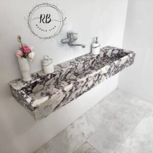 Calacatta Viola Marble Wall Mounted Sink: Hand Carved Bathroom Vanity (14x48x5)