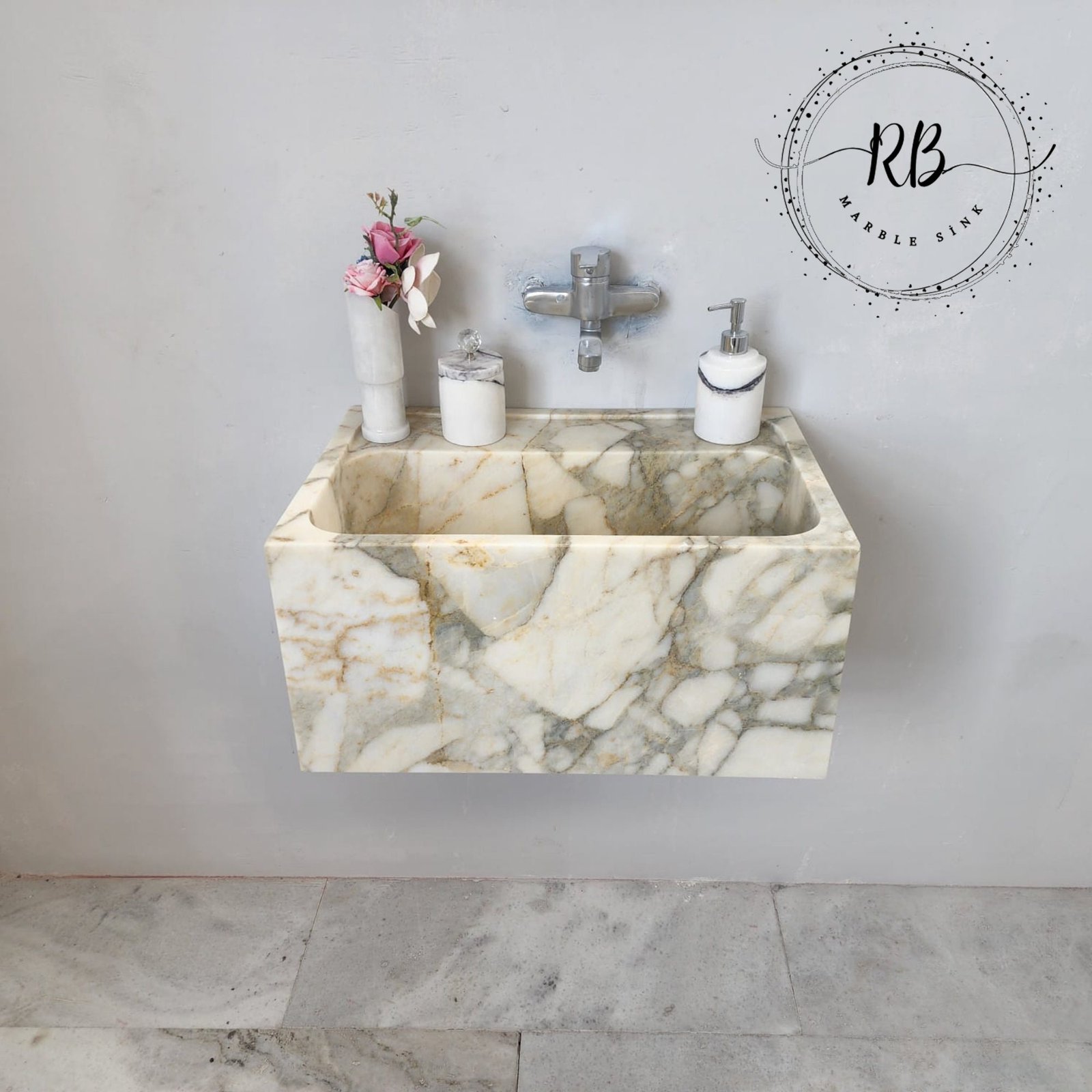 Calacatta Monet Marble Sink: Handcrafted Wall-Mounted Vanity - Image 3