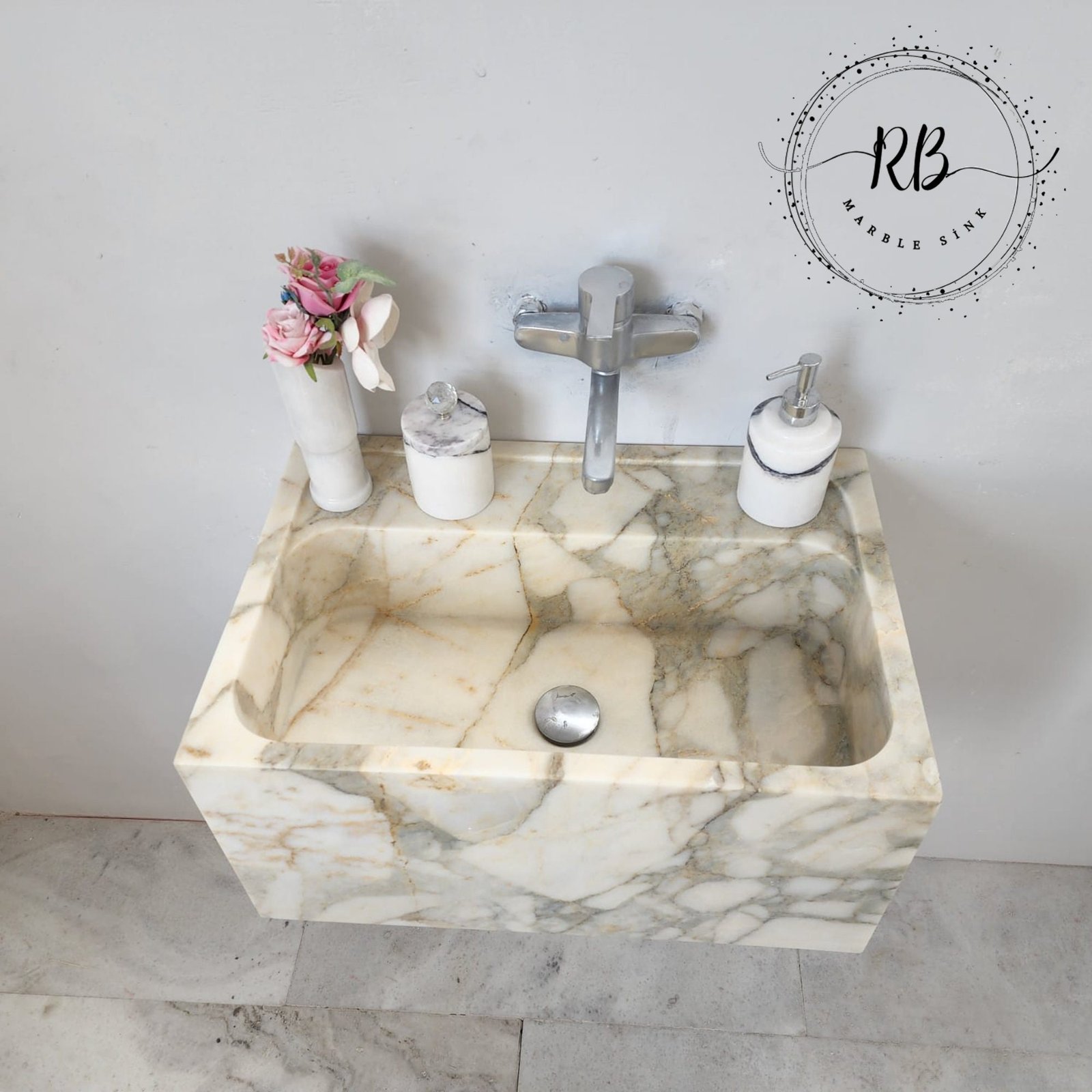 Calacatta Monet Marble Sink: Handcrafted Wall-Mounted Vanity - Image 5