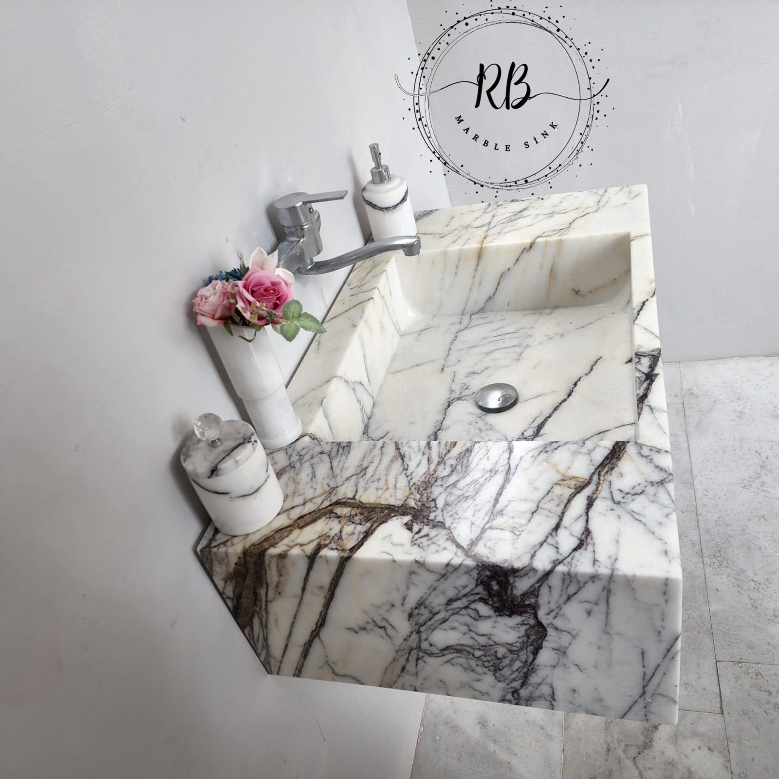 Hand-Carved Lilac White Marble Sink: Custom Stone Bathroom Basin - Image 6