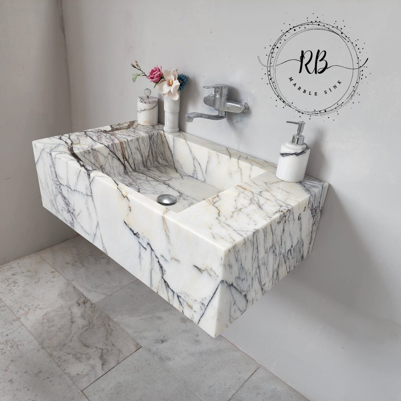 Hand-Carved Lilac White Marble Sink: Custom Stone Bathroom Basin - Image 9