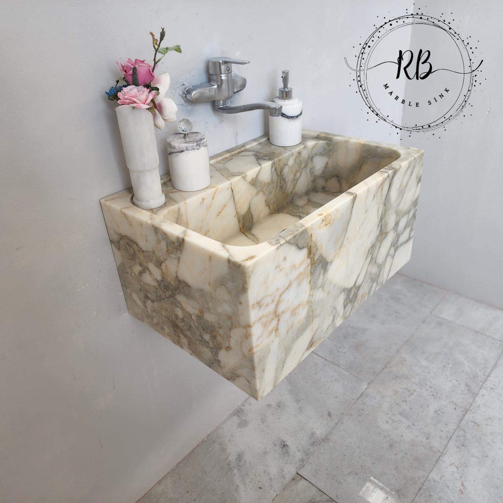 Calacatta Monet Marble Sink: Handcrafted Wall-Mounted Vanity - Image 7