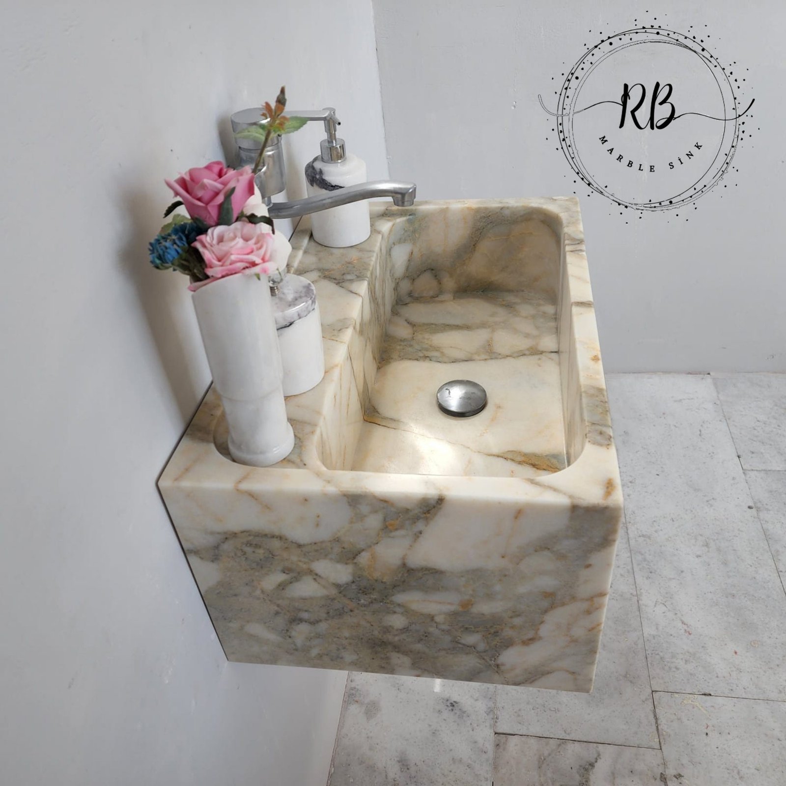 Calacatta Monet Marble Sink: Handcrafted Wall-Mounted Vanity - Image 9
