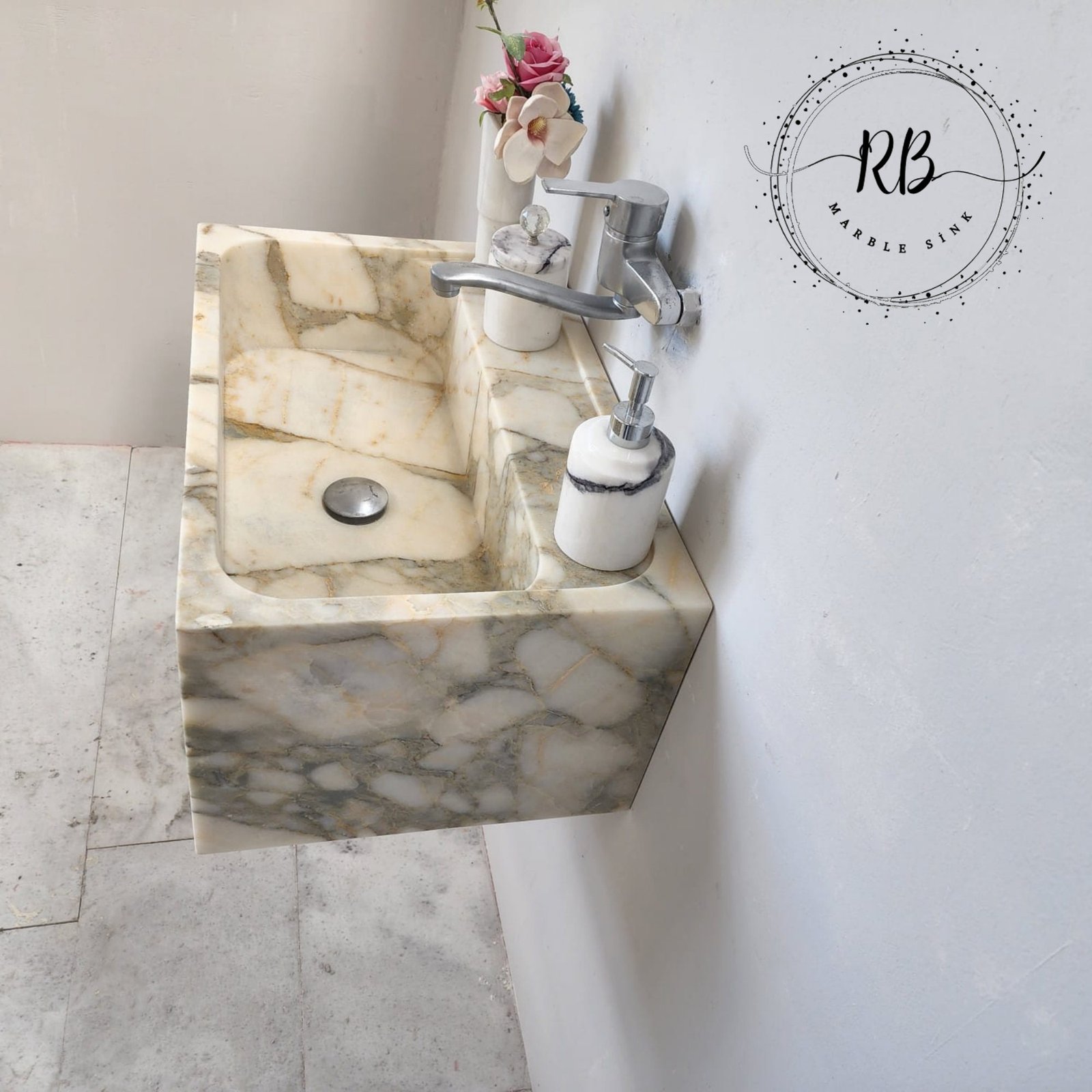Calacatta Monet Marble Sink: Handcrafted Wall-Mounted Vanity - Image 8