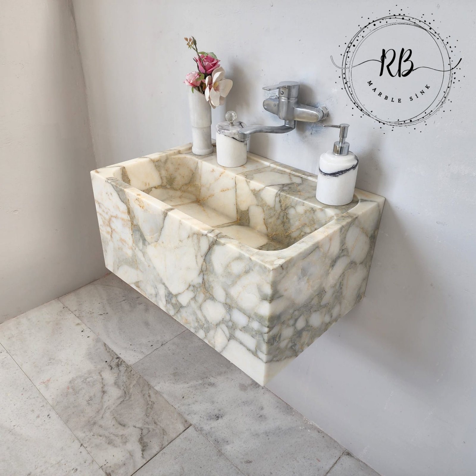 Calacatta Monet Marble Sink: Handcrafted Wall-Mounted Vanity - Image 6