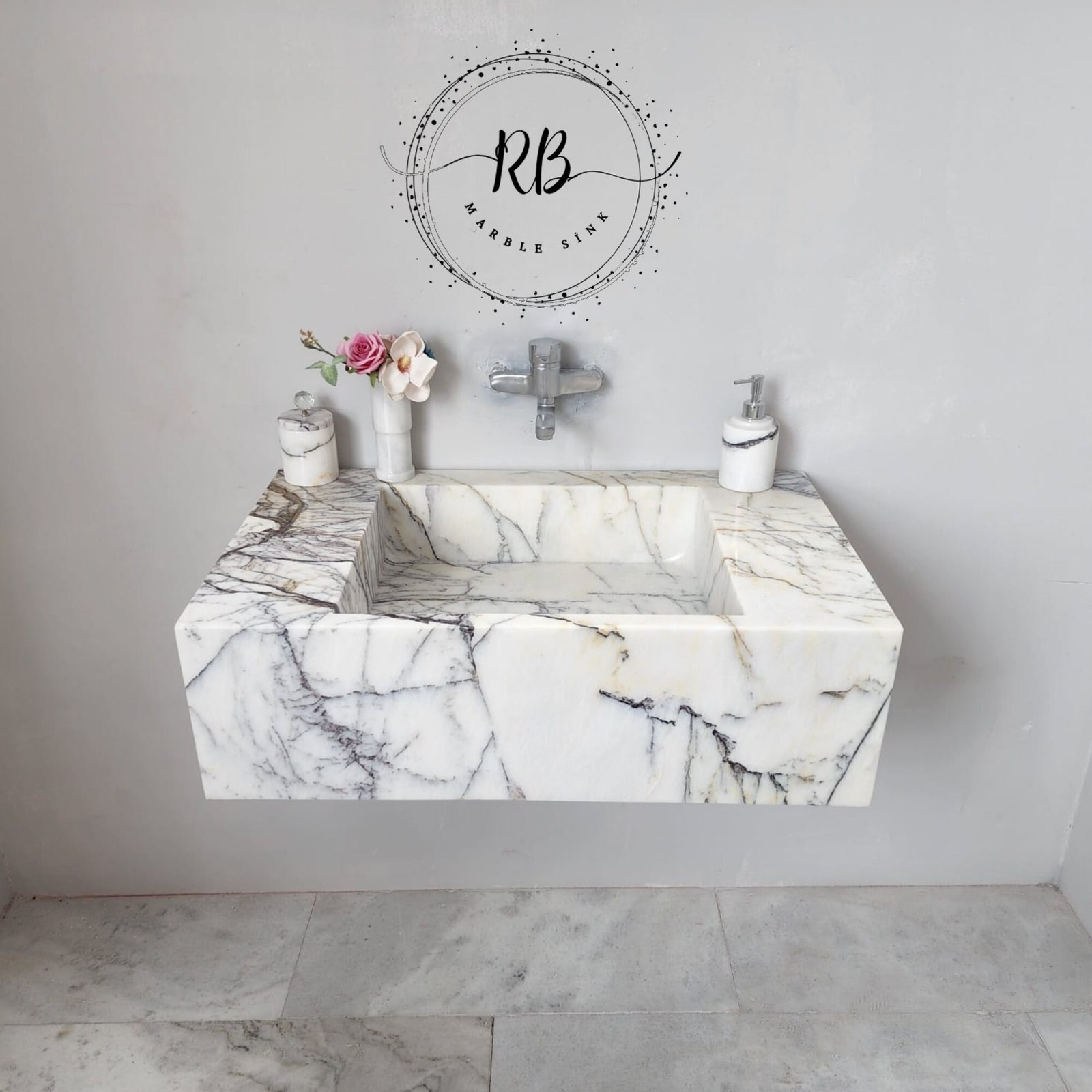 Hand-Carved Lilac White Marble Sink: Custom Stone Bathroom Basin - Image 5