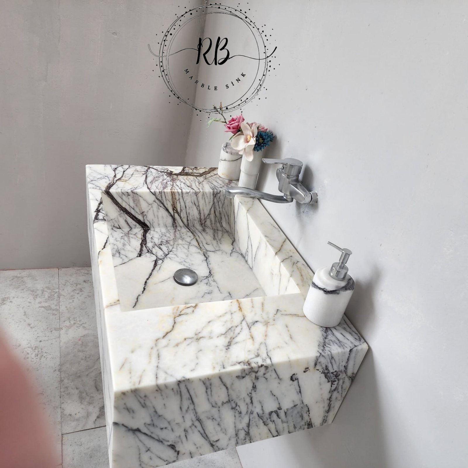 Hand-Carved Lilac White Marble Sink: Custom Stone Bathroom Basin - Image 8
