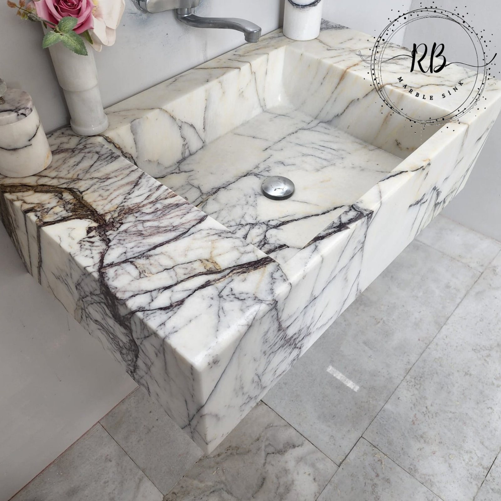 Hand-Carved Lilac White Marble Sink: Custom Stone Bathroom Basin - Image 2