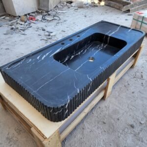 Nero Marquina Marble Sink: 48" Grooved Black Vanity, Honed Finish
