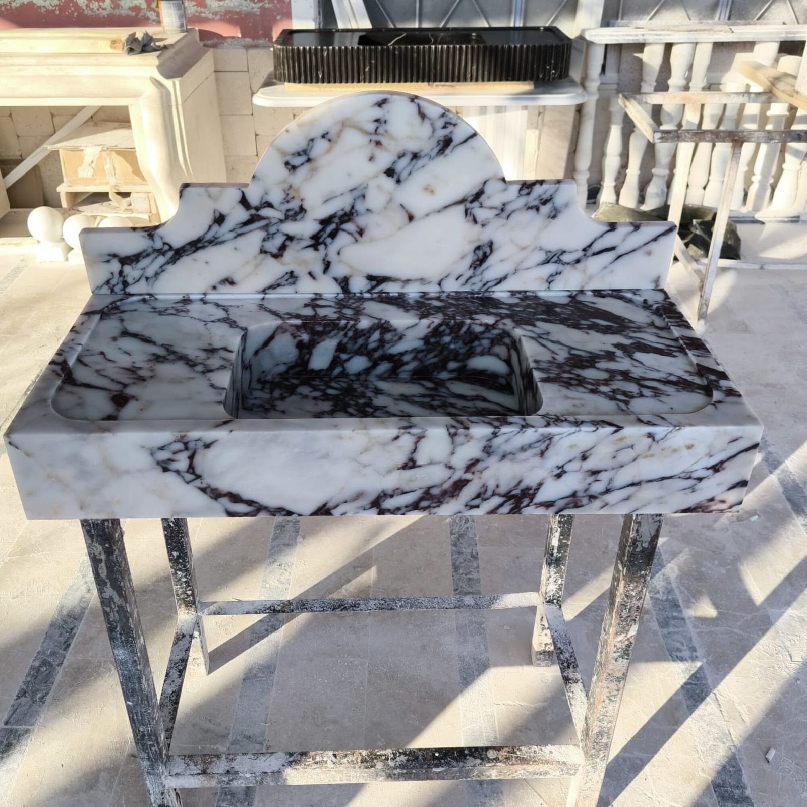 Calacatta Viola Marble Wall Mounted Sink Rectangular Bathroom Basin with Backsplash - Image 4