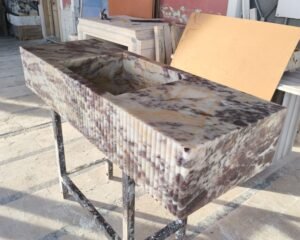 Hand Carved Calacatta Viola Marble Sink: Grooved Front Bathroom Vanity