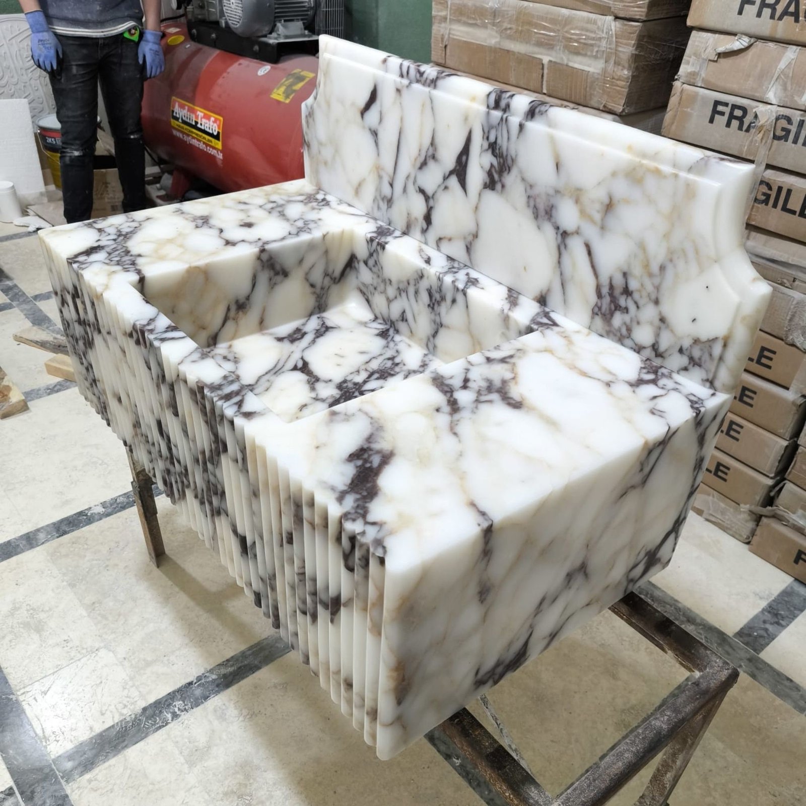 Hand-Carved Calacatta Viola Marble Sink: Fluted Front, Wall Mounted - Image 6