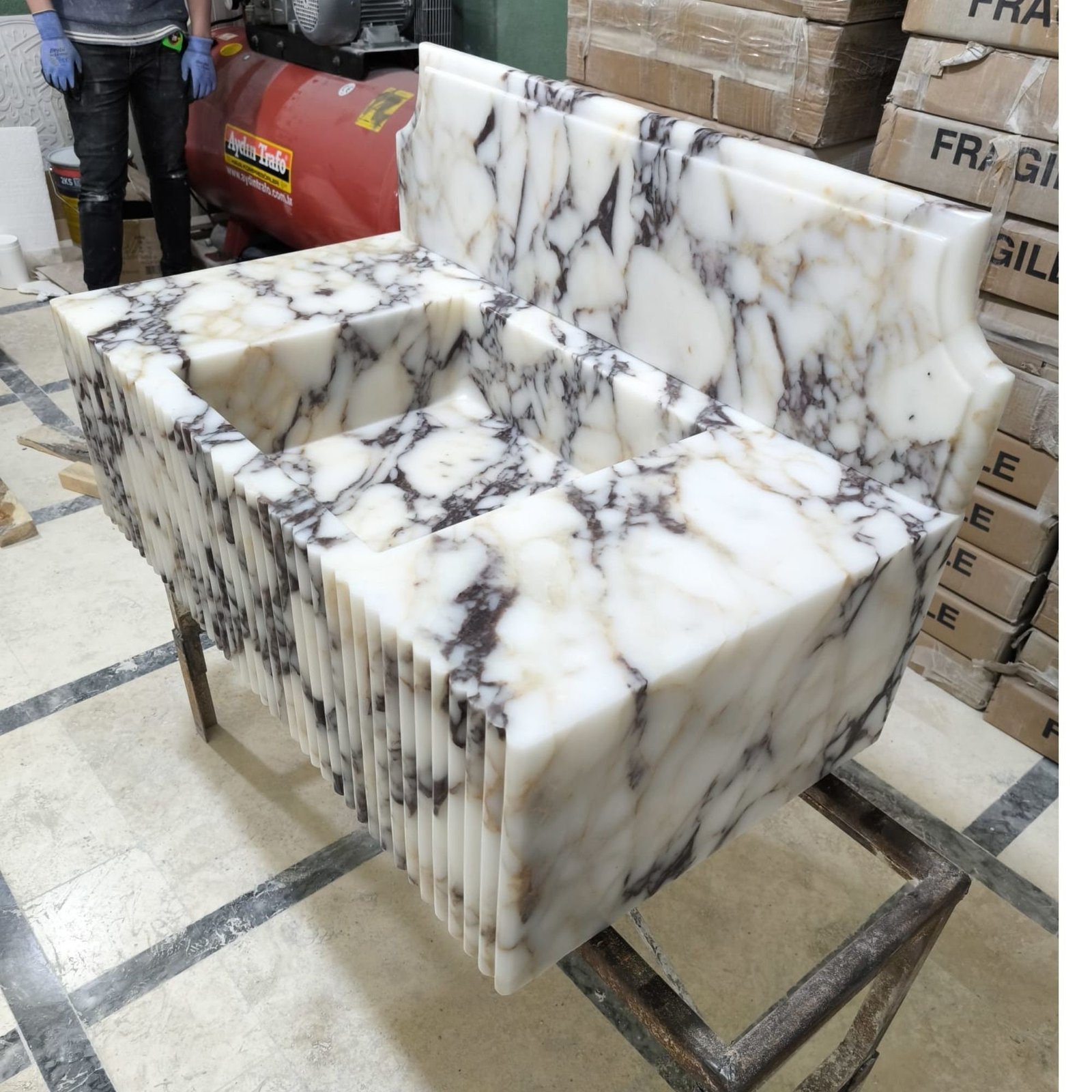 Hand-Carved Calacatta Viola Marble Sink: Fluted Front, Wall Mounted - Image 4