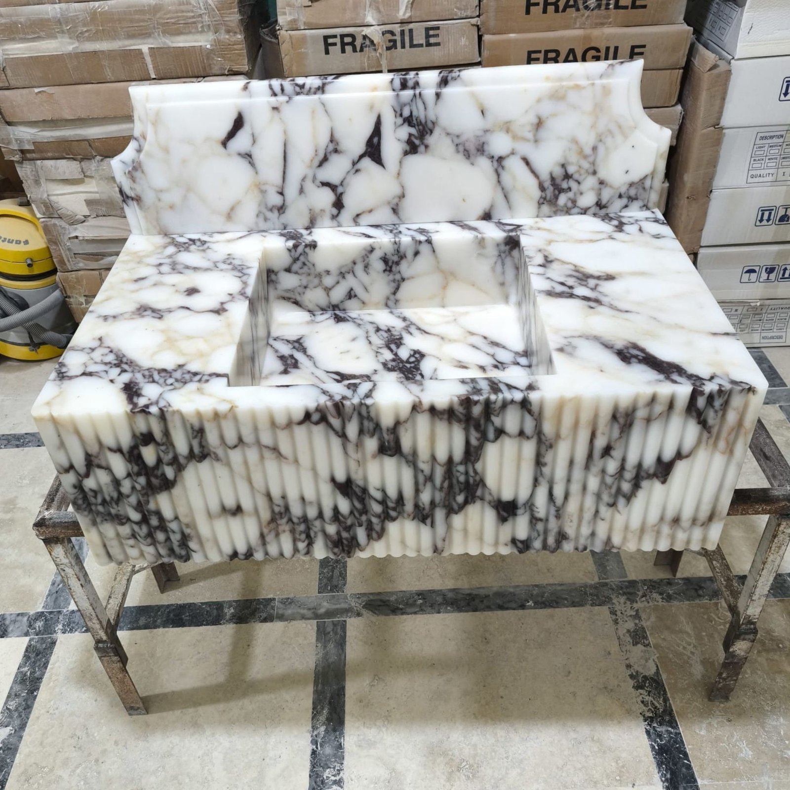 Hand-Carved Calacatta Viola Marble Sink: Fluted Front, Wall Mounted - Image 3