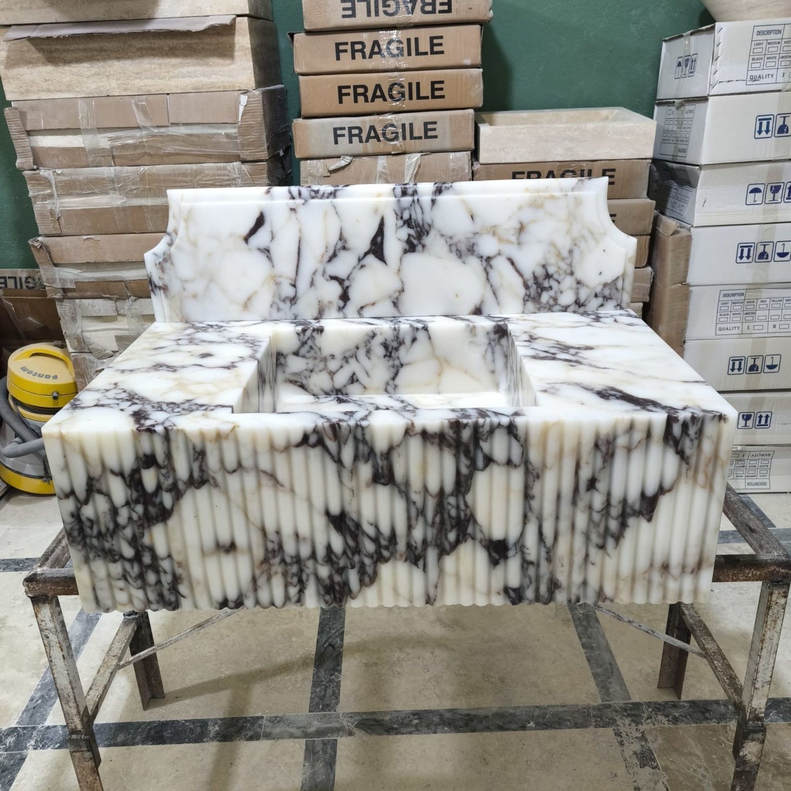 Hand-Carved Calacatta Viola Marble Sink: Fluted Front, Wall Mounted - Image 2