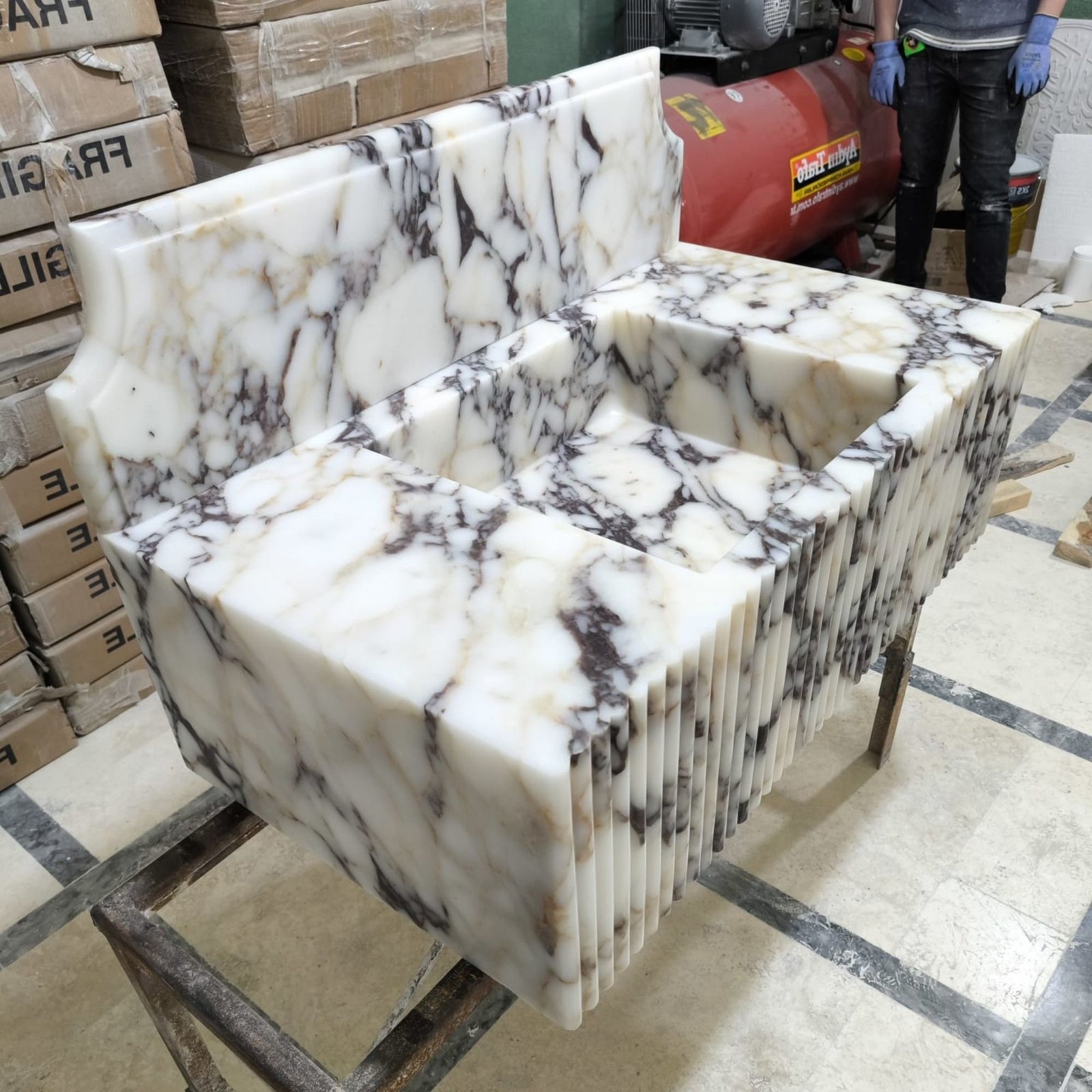 Hand-Carved Calacatta Viola Marble Sink: Fluted Front, Wall Mounted - Image 5