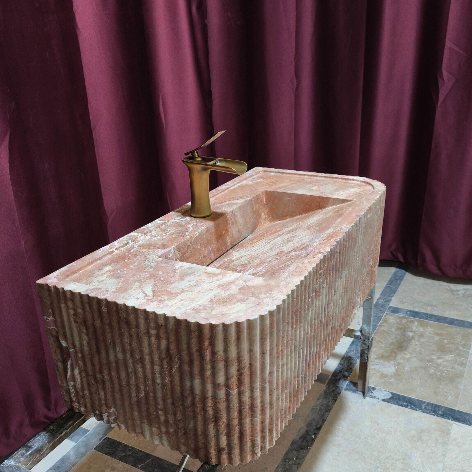 Hand-Carved Red Travertine Marble Sink: Ribbed Wall-Mounted Vanity - Image 4