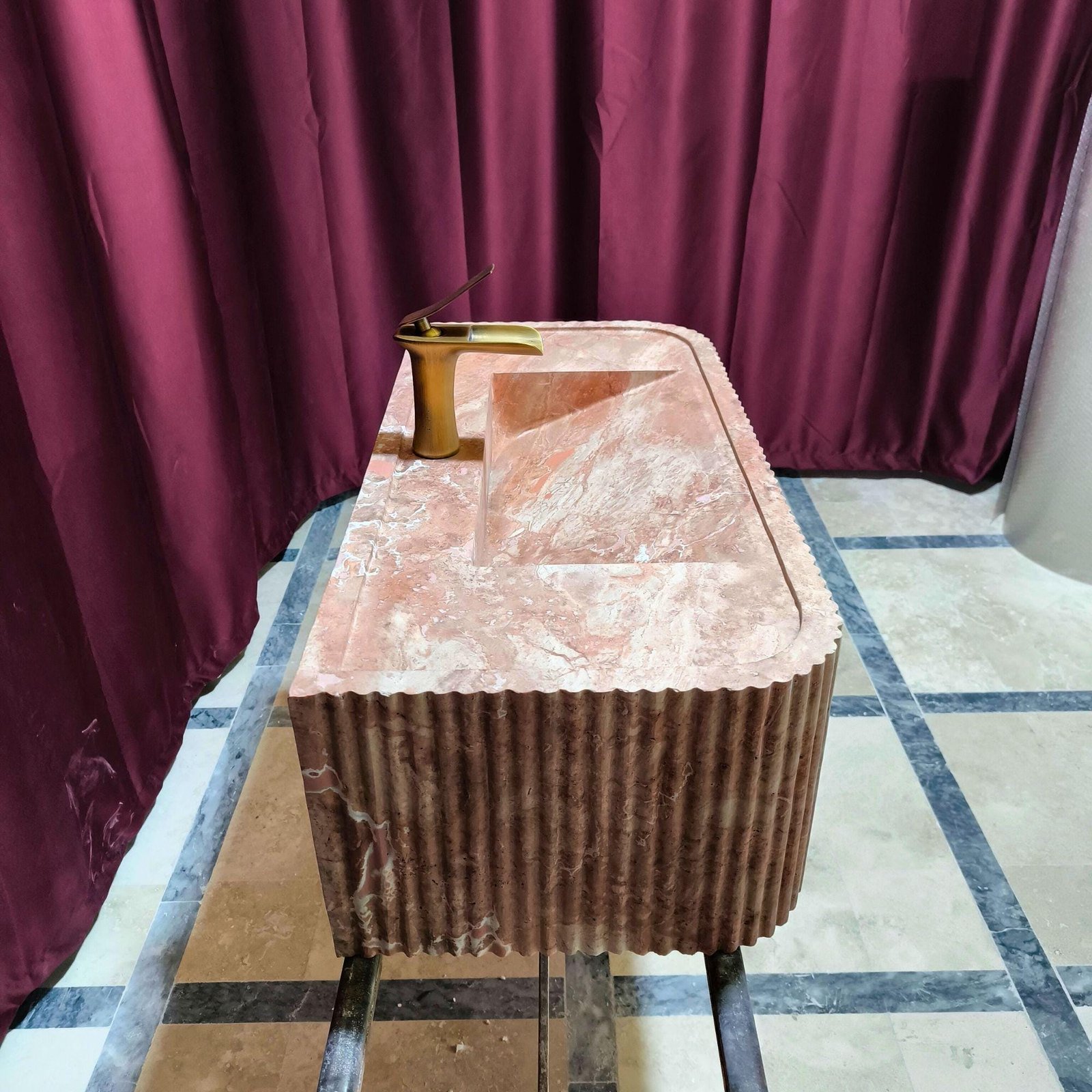 Hand-Carved Red Travertine Marble Sink: Ribbed Wall-Mounted Vanity - Image 6