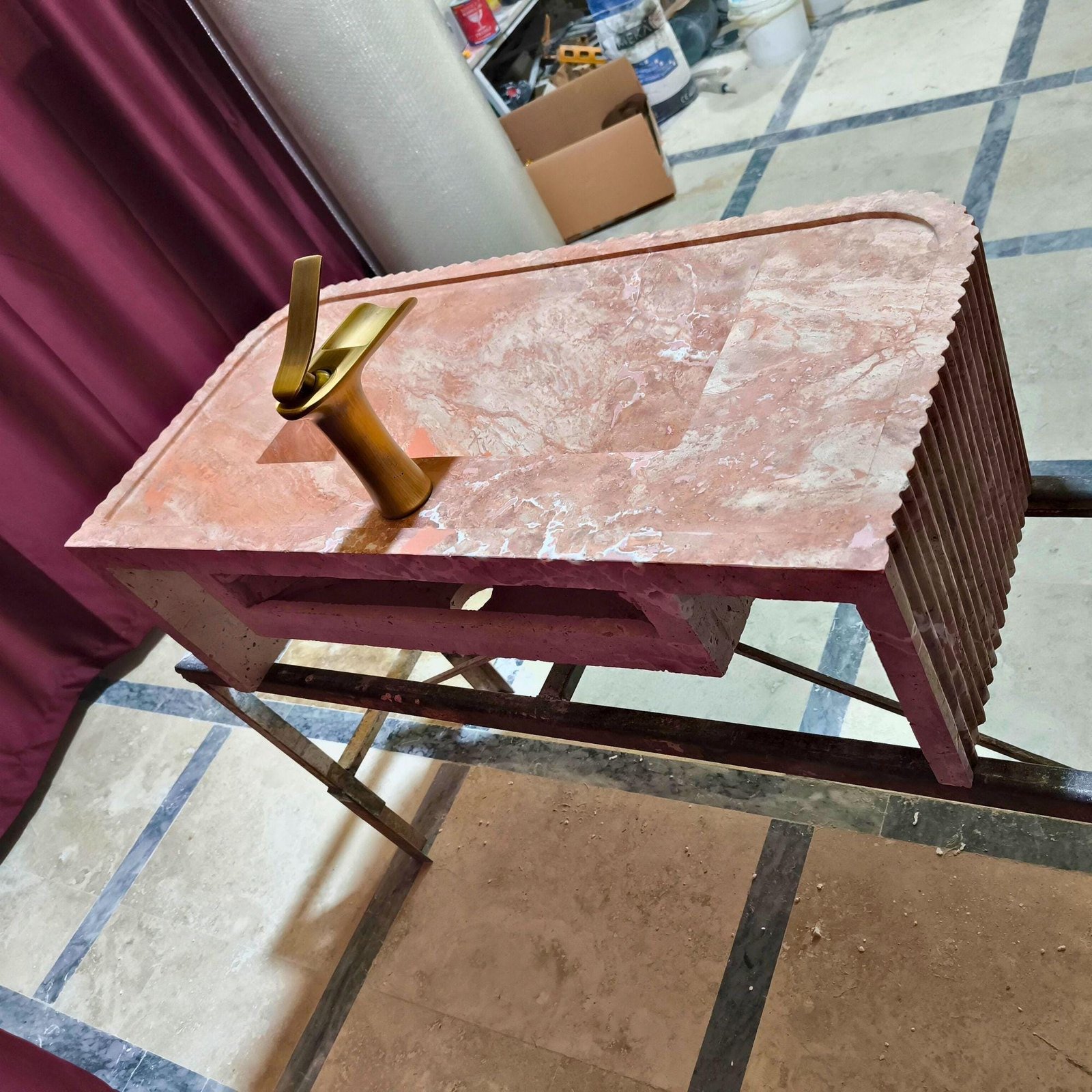 Hand-Carved Red Travertine Marble Sink: Ribbed Wall-Mounted Vanity - Image 8