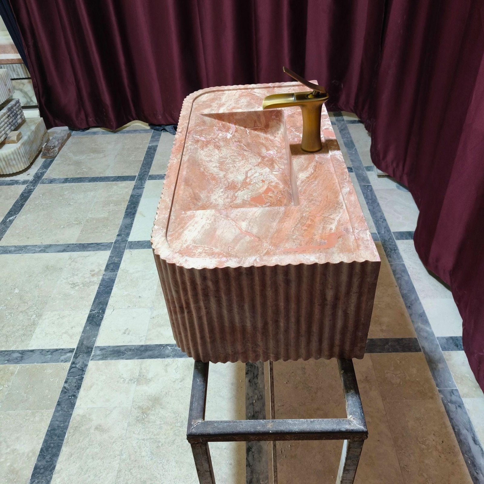 Hand-Carved Red Travertine Marble Sink: Ribbed Wall-Mounted Vanity - Image 3