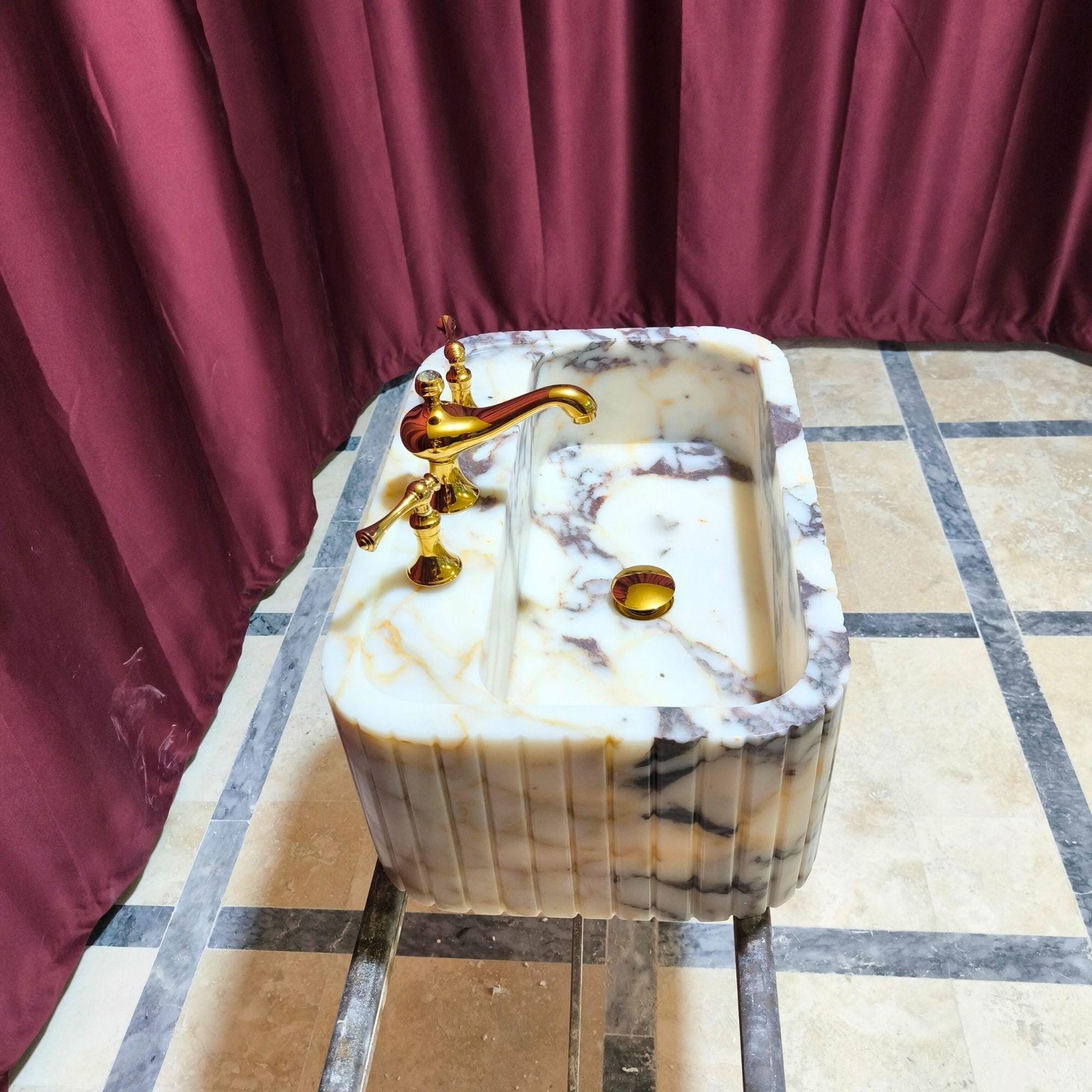 Calacatta Viola Marble Sink: Ribbed Farmhouse Bathroom Vanity - Image 4