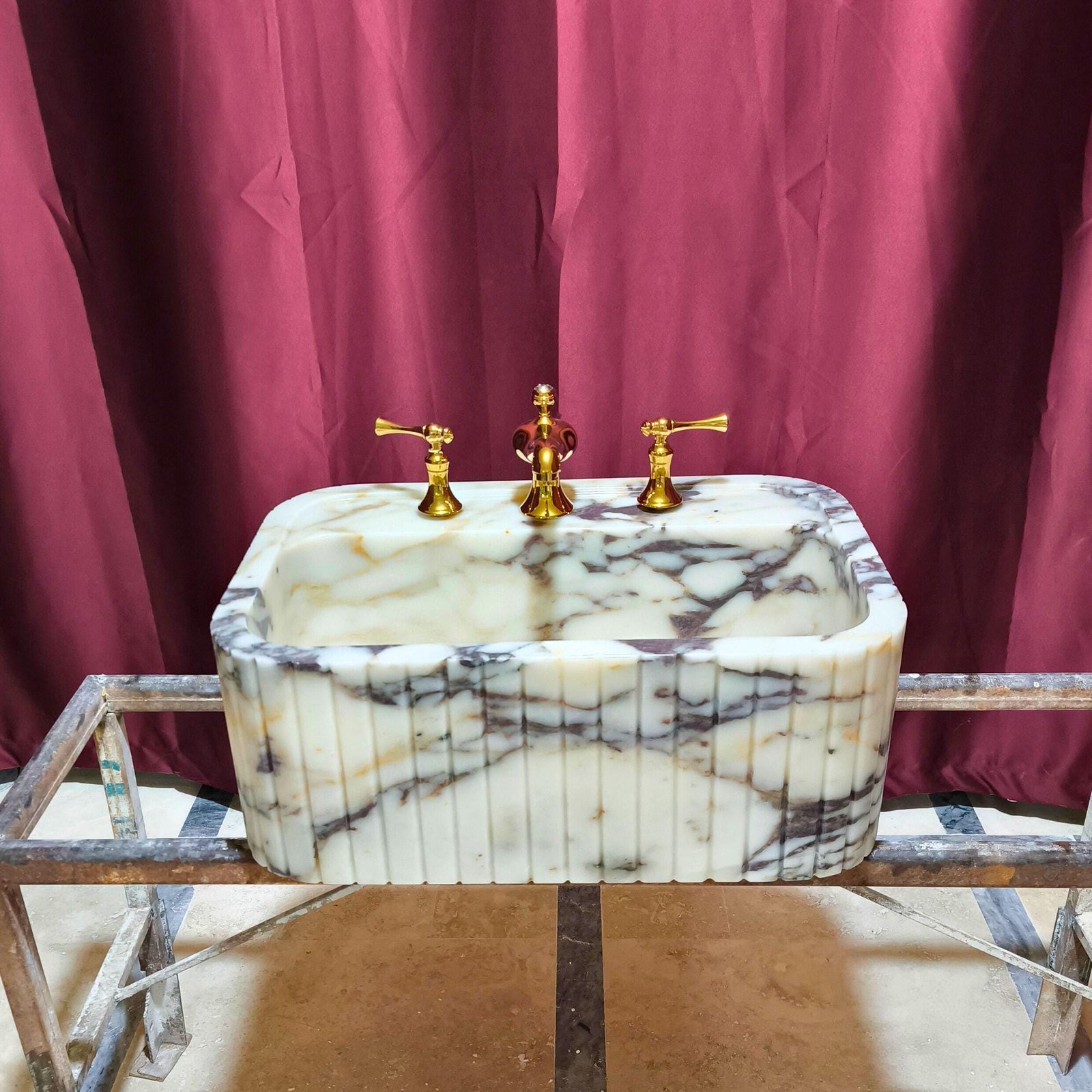 Calacatta Viola Marble Sink: Ribbed Farmhouse Bathroom Vanity - Image 7