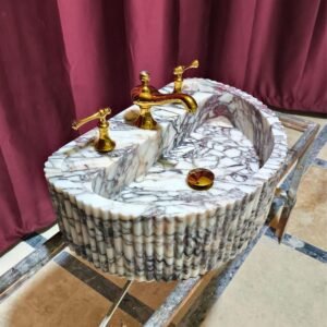 Calacatta Viola Marble Vessel Sink: Ribbed Stone Vanity Sink