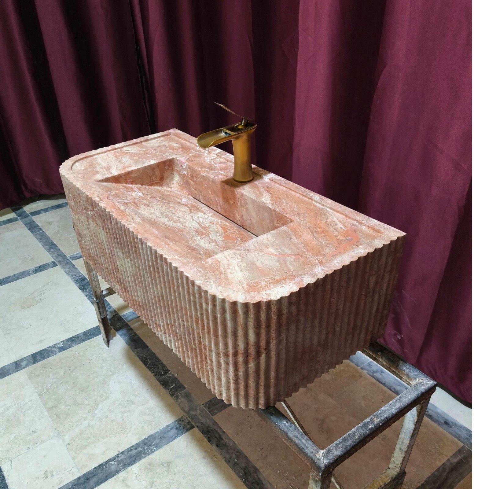 Hand-Carved Red Travertine Marble Sink: Ribbed Wall-Mounted Vanity