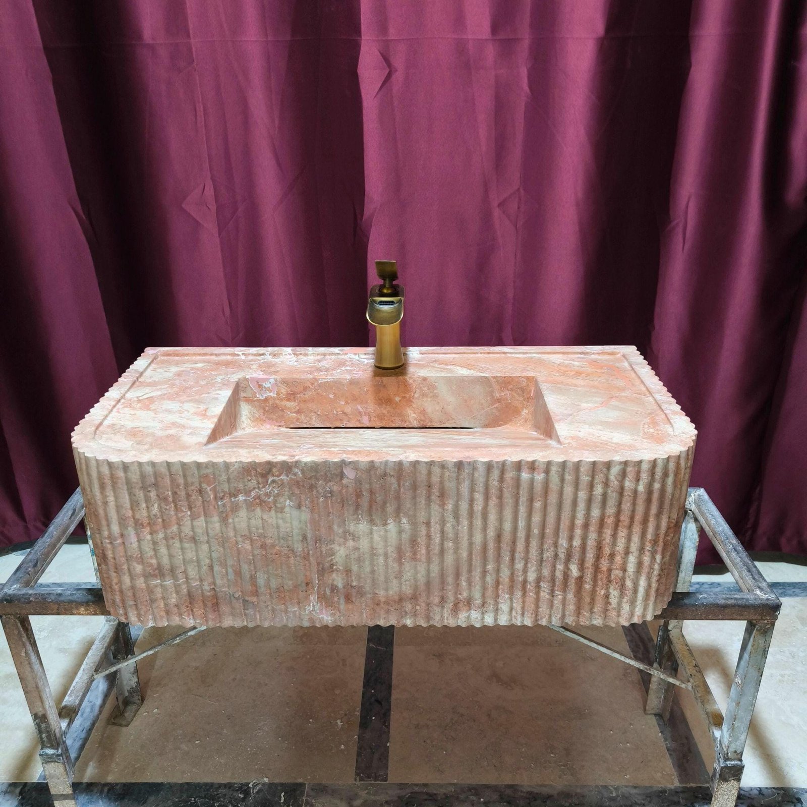 Hand-Carved Red Travertine Marble Sink: Ribbed Wall-Mounted Vanity - Image 2
