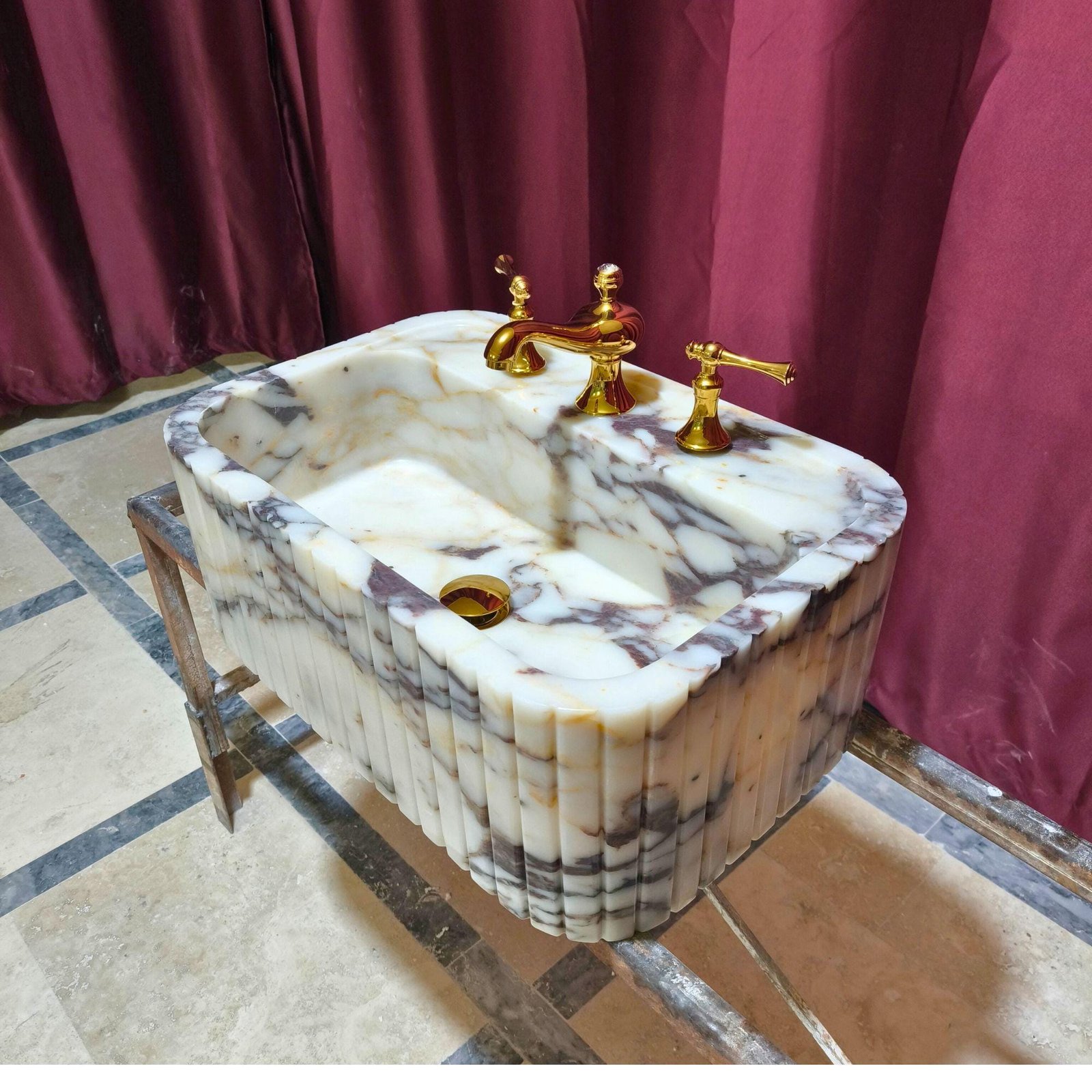Calacatta Viola Marble Sink: Ribbed Farmhouse Bathroom Vanity - Image 2