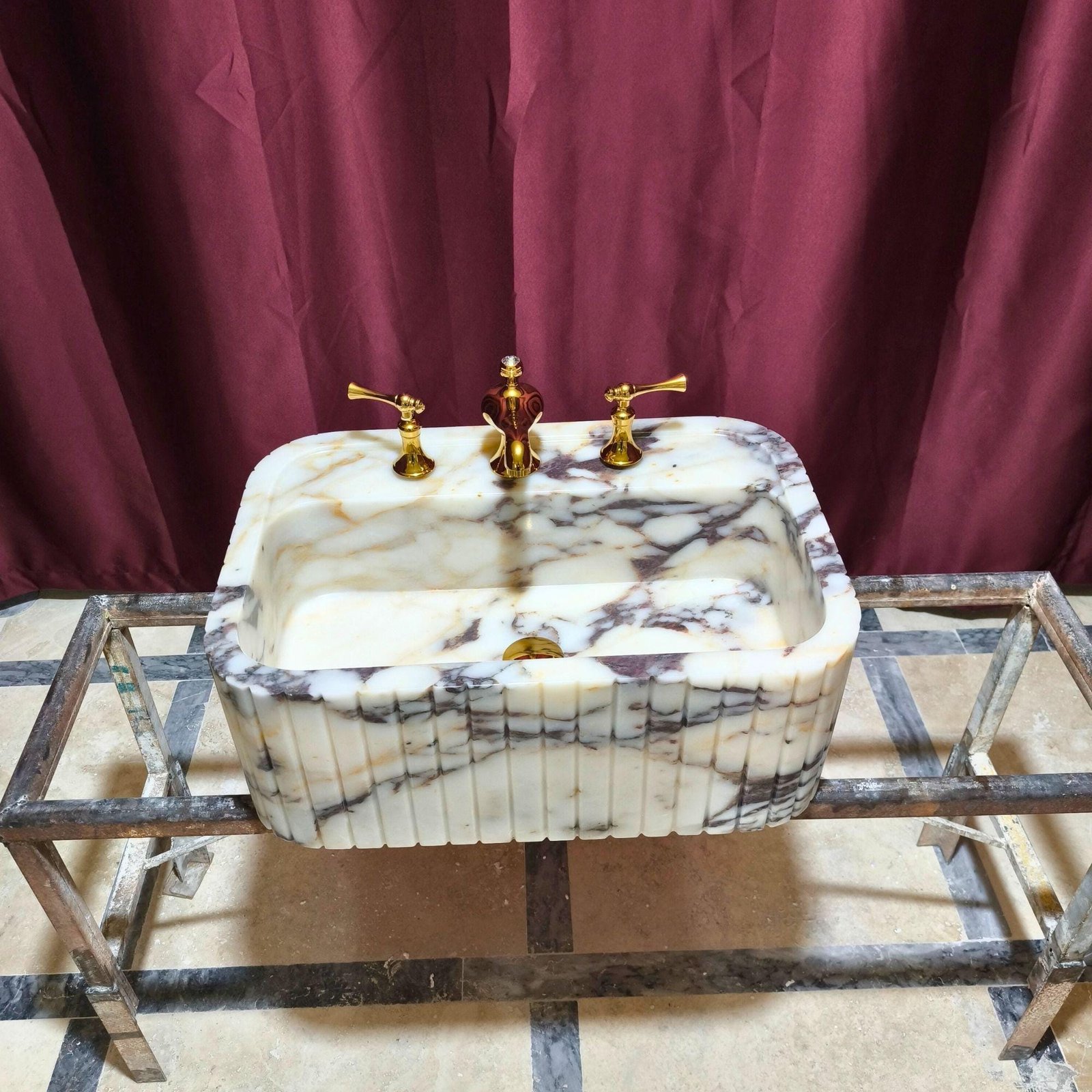 Calacatta Viola Marble Sink: Ribbed Farmhouse Bathroom Vanity - Image 6