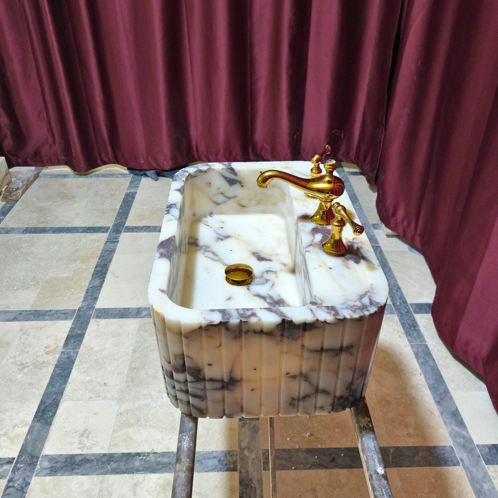 Calacatta Viola Marble Sink: Ribbed Farmhouse Bathroom Vanity - Image 8