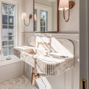 Calacatta Gold Marble Sink: Fluted Backsplash, Wall Mount Vanity