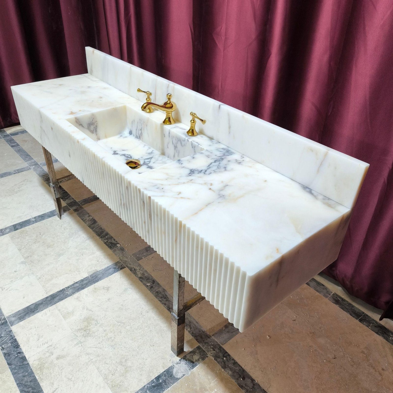 Calacatta Gold Marble Wall Mounted Sink Large Bathroom Vanity with Backsplash - Image 3